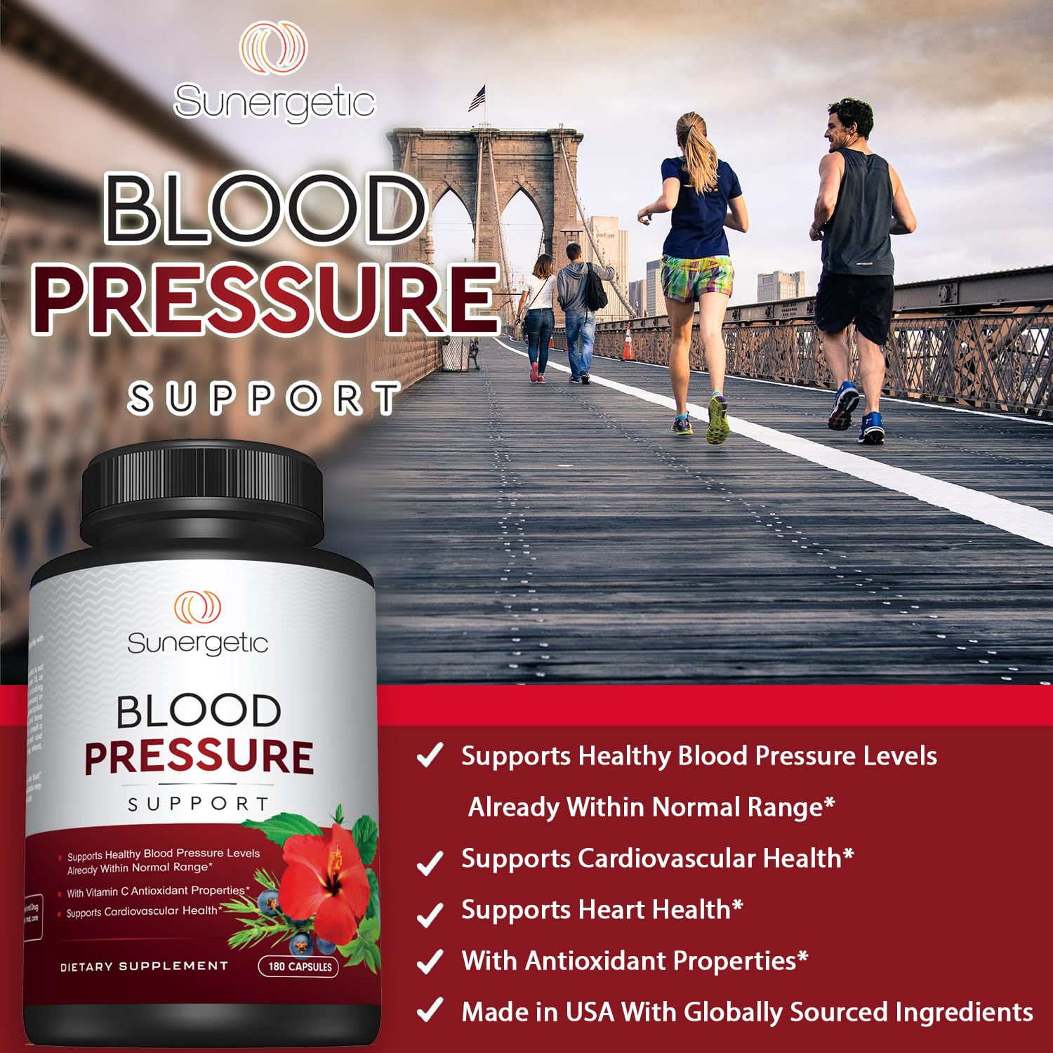 Sunergetic Premium Blood Pressure capsules in hand represent convenient daily supplementation.