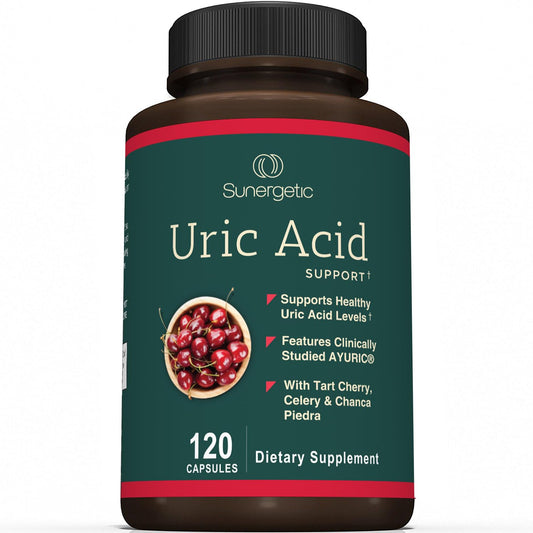 Sunergetic Uric Acid Support bottle front view may help maintain healthy uric balance.
