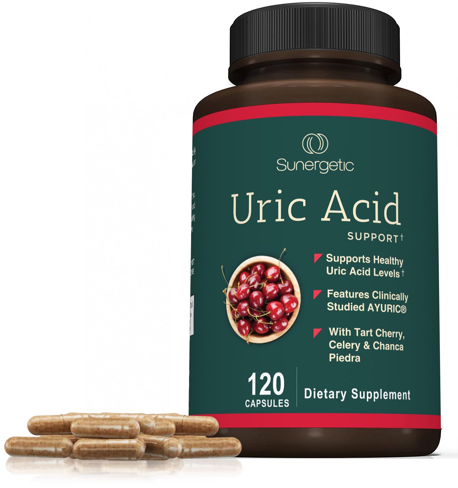 Sunergetic Uric Acid Support turmeric and ginger root imagery.