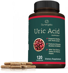 Sunergetic Uric Acid Support turmeric and ginger root imagery.