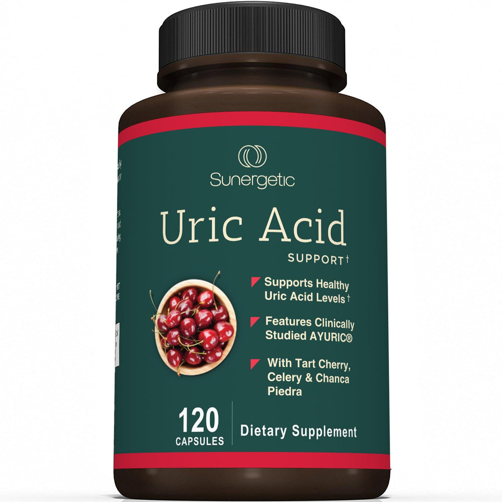 Sunergetic Uric Acid Support bottle with minimalistic design for daily routine.