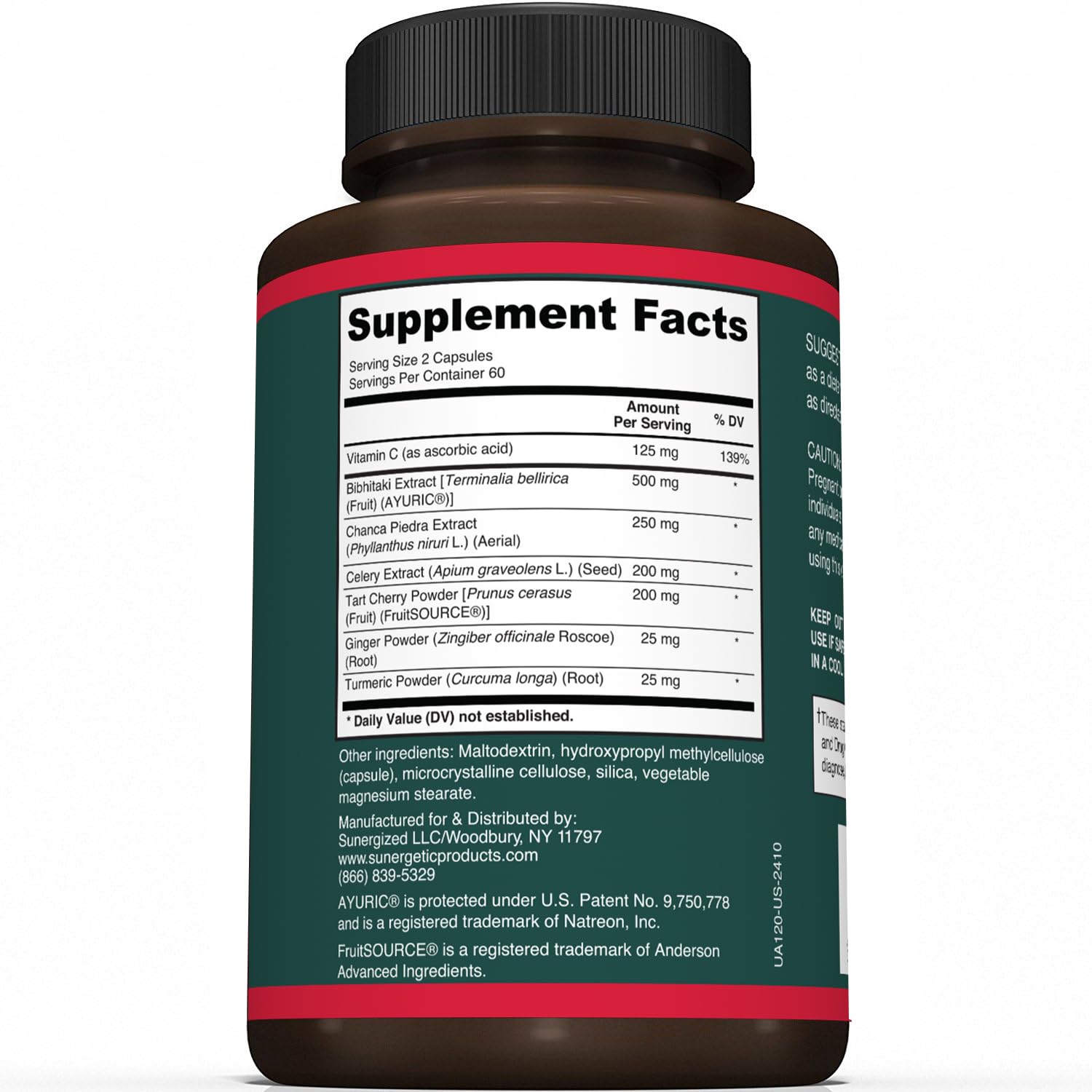 Sunergetic Uric Acid Support label close-up emphasizing capsule formula for daily wellness.