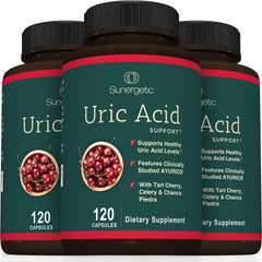 Sunergetic Uric Acid Support bottle on GMP-certified facility backdrop.