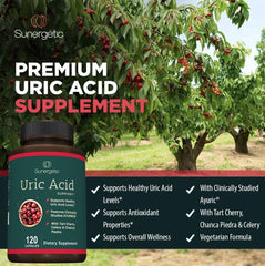 Sunergetic Uric Acid Support with Tart Cherry visual highlighting antioxidant-rich ingredients.