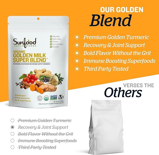 Sunfood Golden Milk latte cup steaming with golden powder