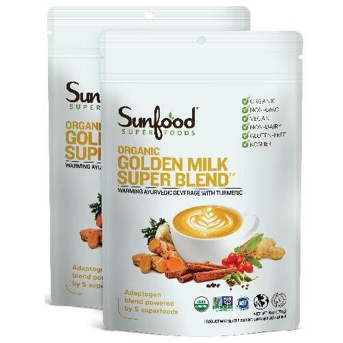 Sunfood Golden Milk Super Blend bag top view highlighting organic powder