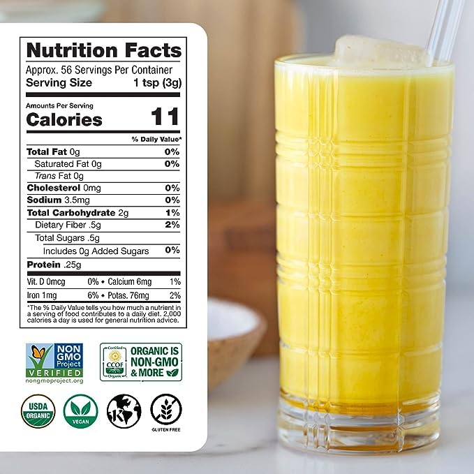 Sunfood Golden Milk Super Blend spice powder closeup showing turmeric and ginger