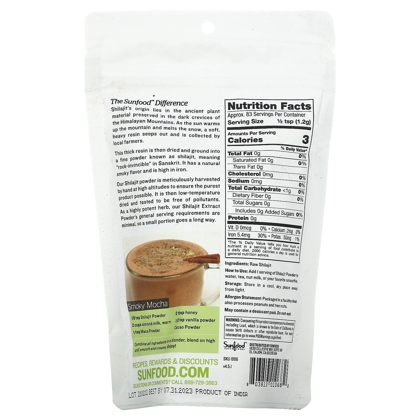 Sunfood Shilajit powder bag; premium Himalayan extract for daily vitality.