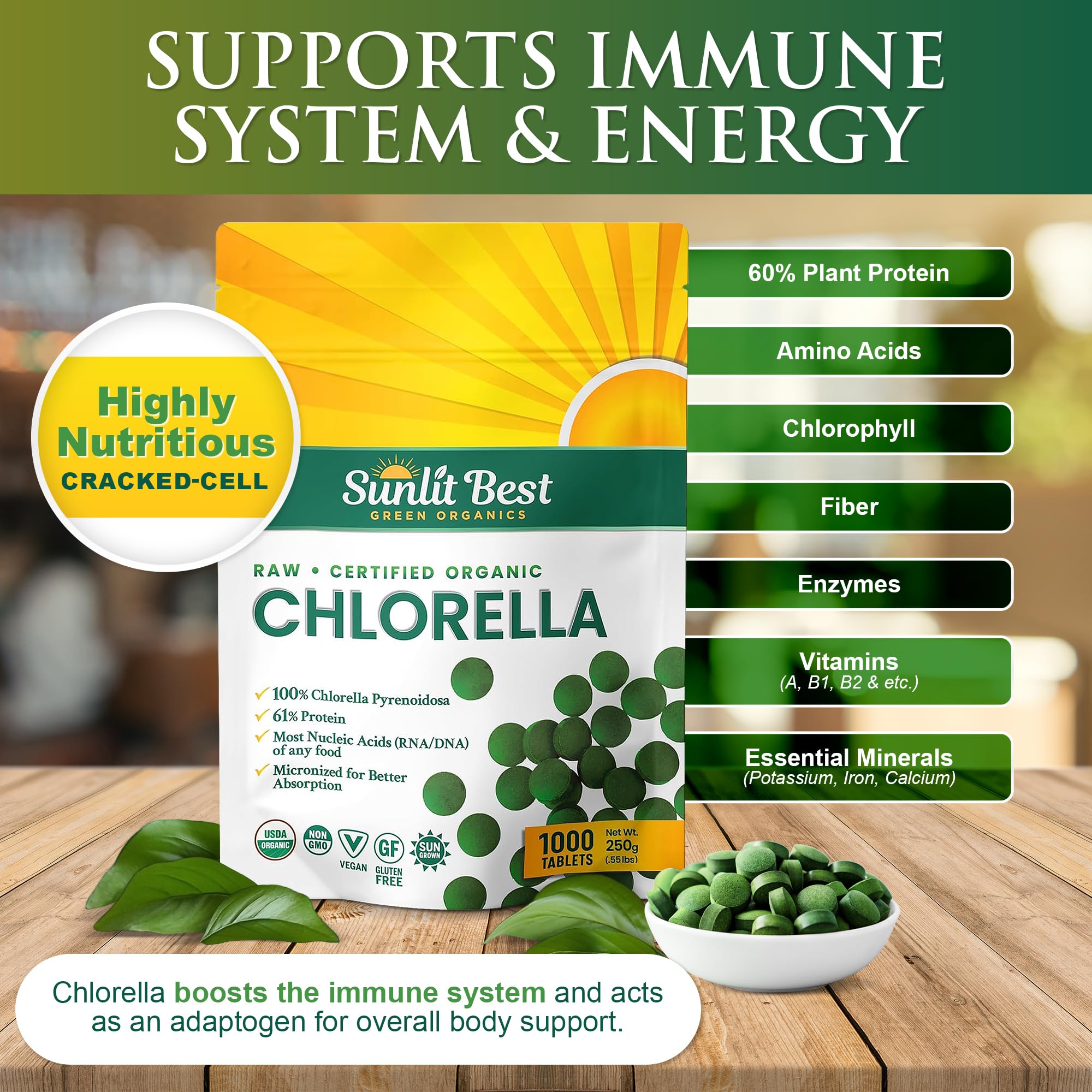 Sunlit Best chlorella bottle label close-up highlighting purity and non-GMO quality