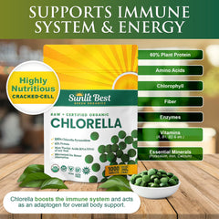 Sunlit Best chlorella bottle label close-up highlighting purity and non-GMO quality