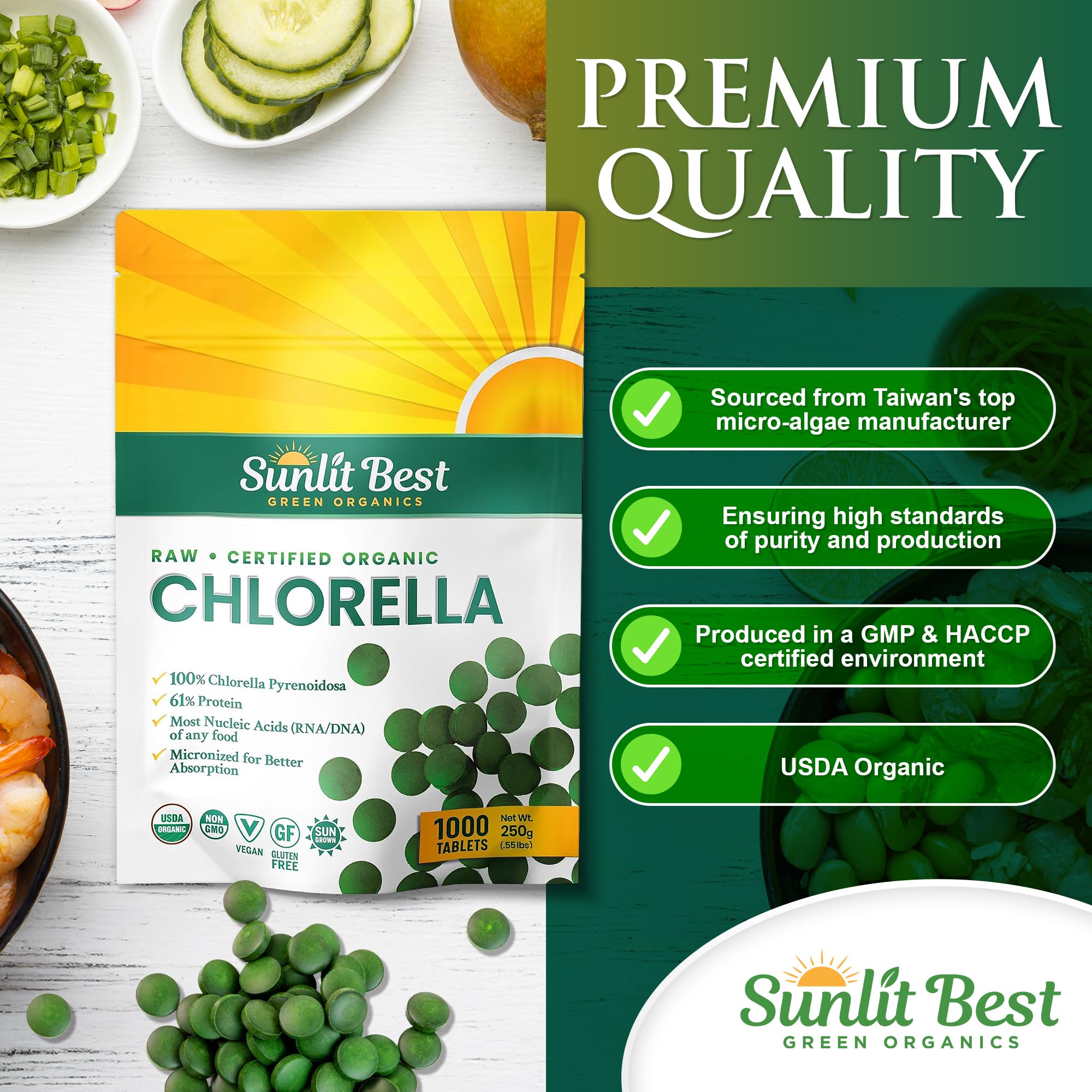 Sunlit Best chlorella tablet close-up emphasizing plant-based nutrition