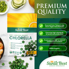 Sunlit Best chlorella tablet close-up emphasizing plant-based nutrition