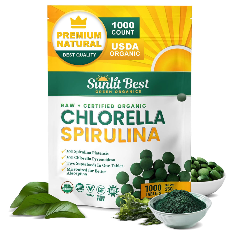 Sunlit Best Green Organics chlorella-spirulina tablets bottle for daily superfood support.