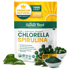 Sunlit Best Green Organics chlorella-spirulina tablets bottle for daily superfood support.