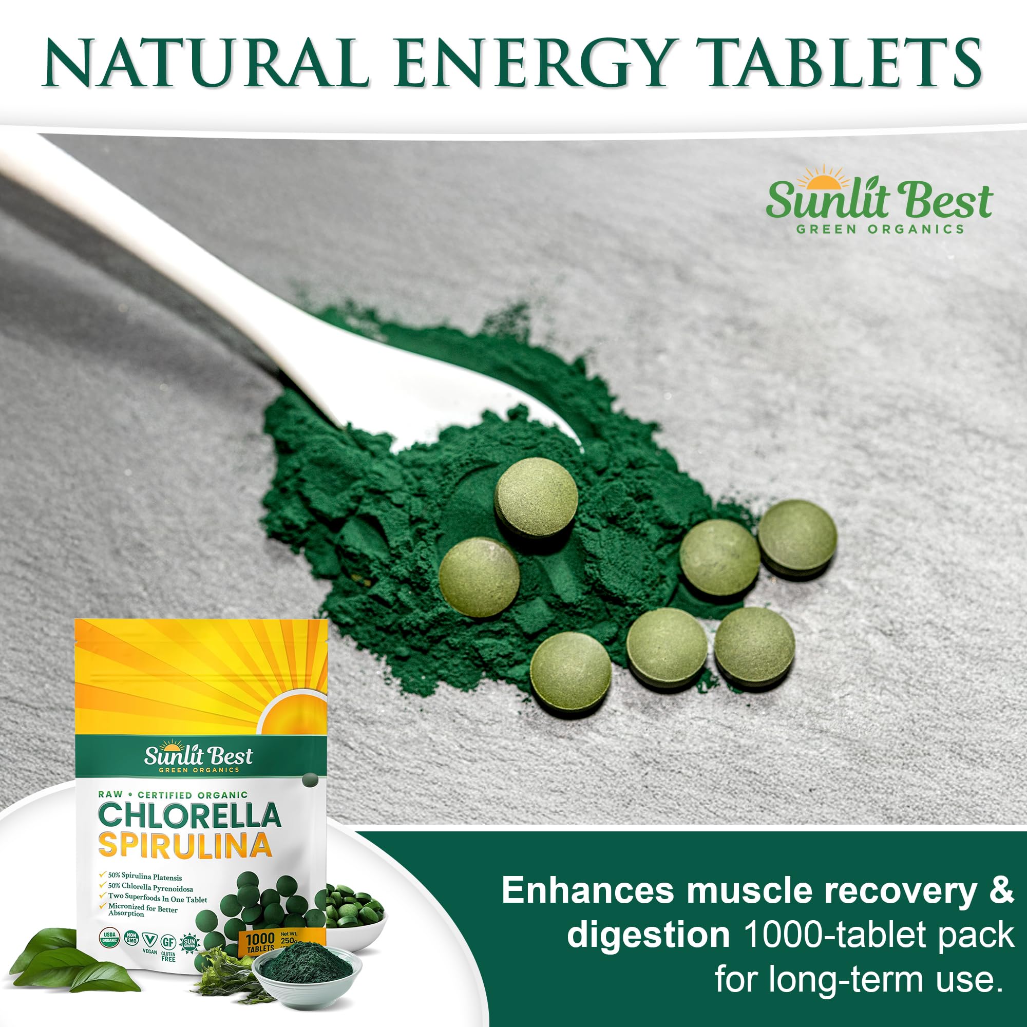 Sunlit Best Green Organics infographic label communicates high protein and nutrient balance.