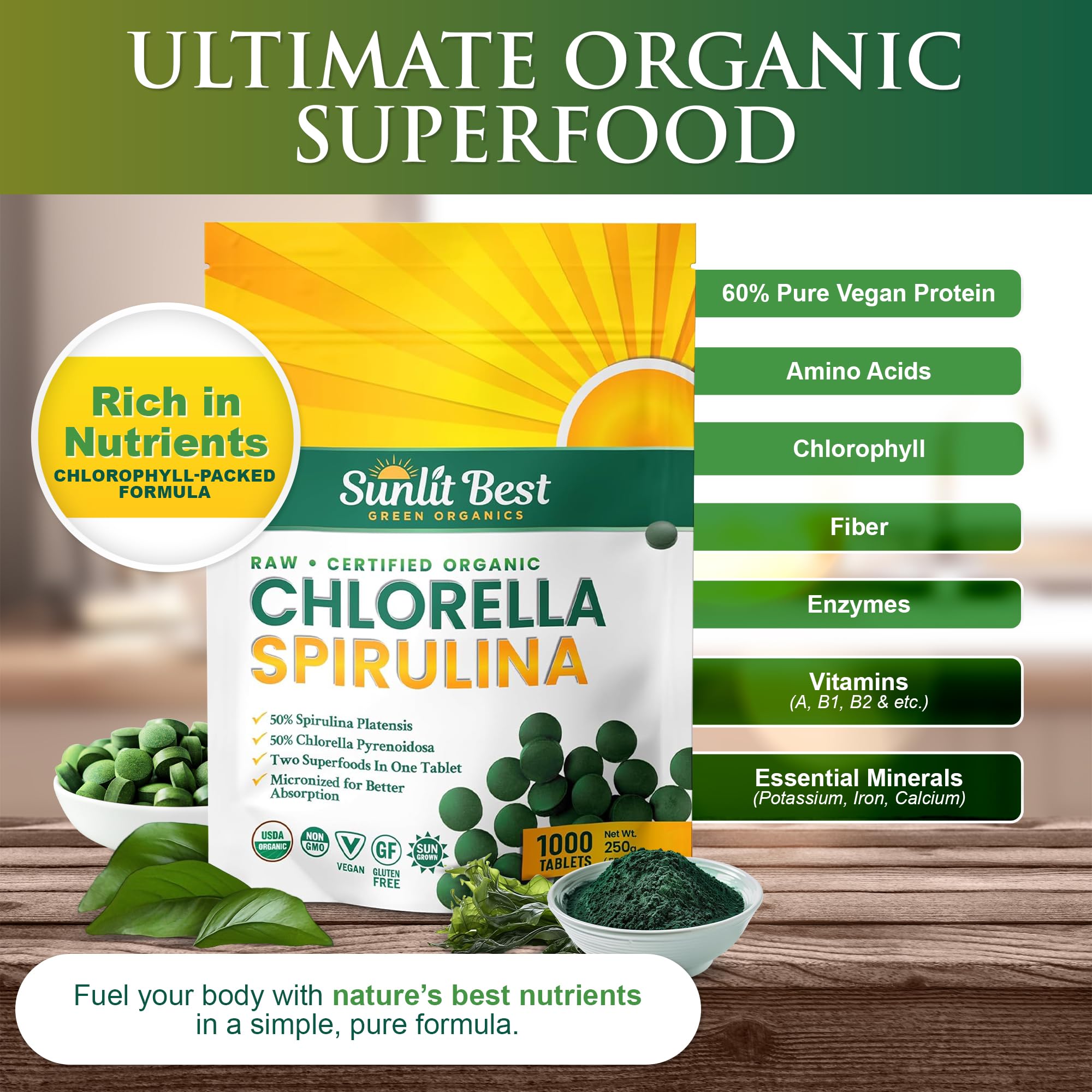 Sunlit Best Green Organics tablets closeup emphasizes compact, high-protein daily nutrition.