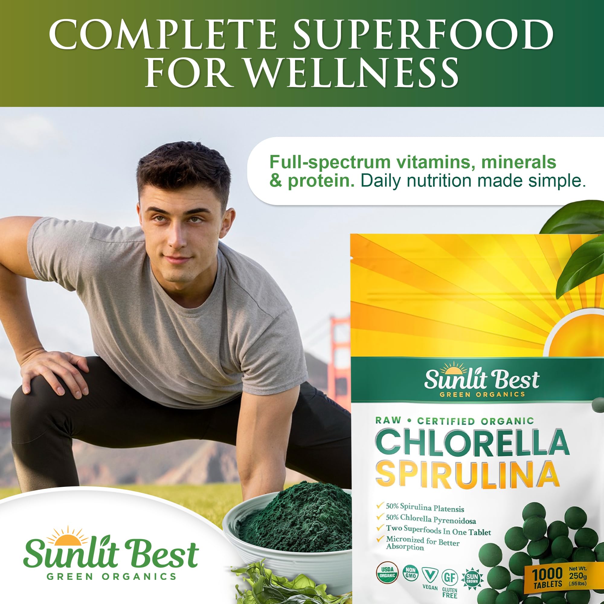 Sunlit Best Green Organics dispensing scene highlights quick swallowing and digestive-friendly format.