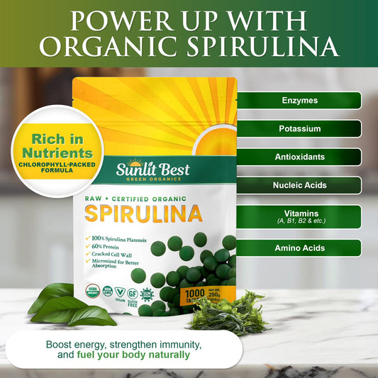 Sunlit Best Organic Spirulina tablet close-up emphasizing energy boost for daily vitality