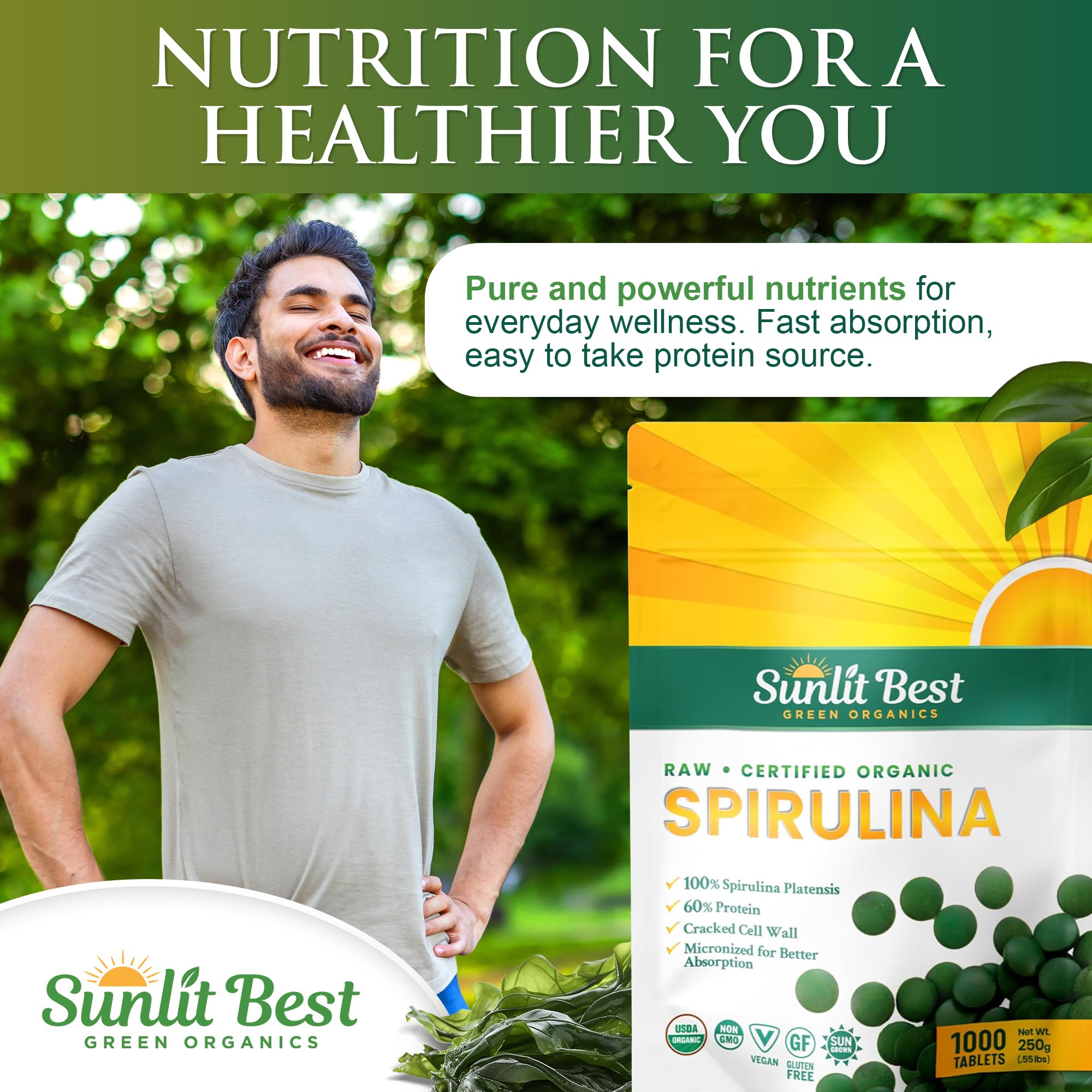 Sunlit Best Organic Spirulina tablet highlights muscle strength support in a compact daily capsule