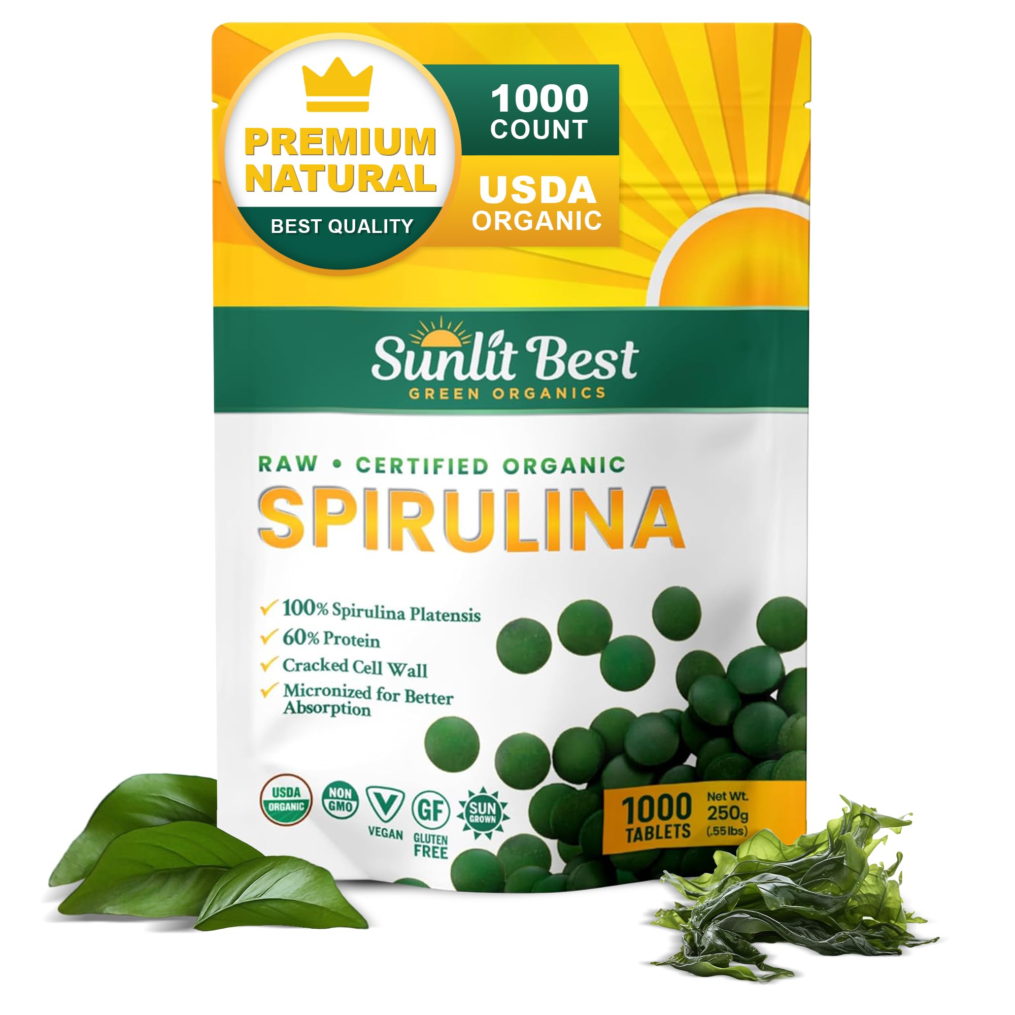Sunlit Best Organic Spirulina tablets pack shot highlighting high-protein, plant-based energy support