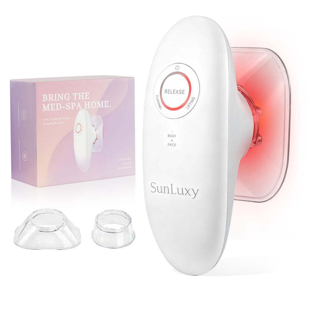 SUNLUXY 3-in-1 Body Sculpting Machine display shows compact, portable design for at-home use