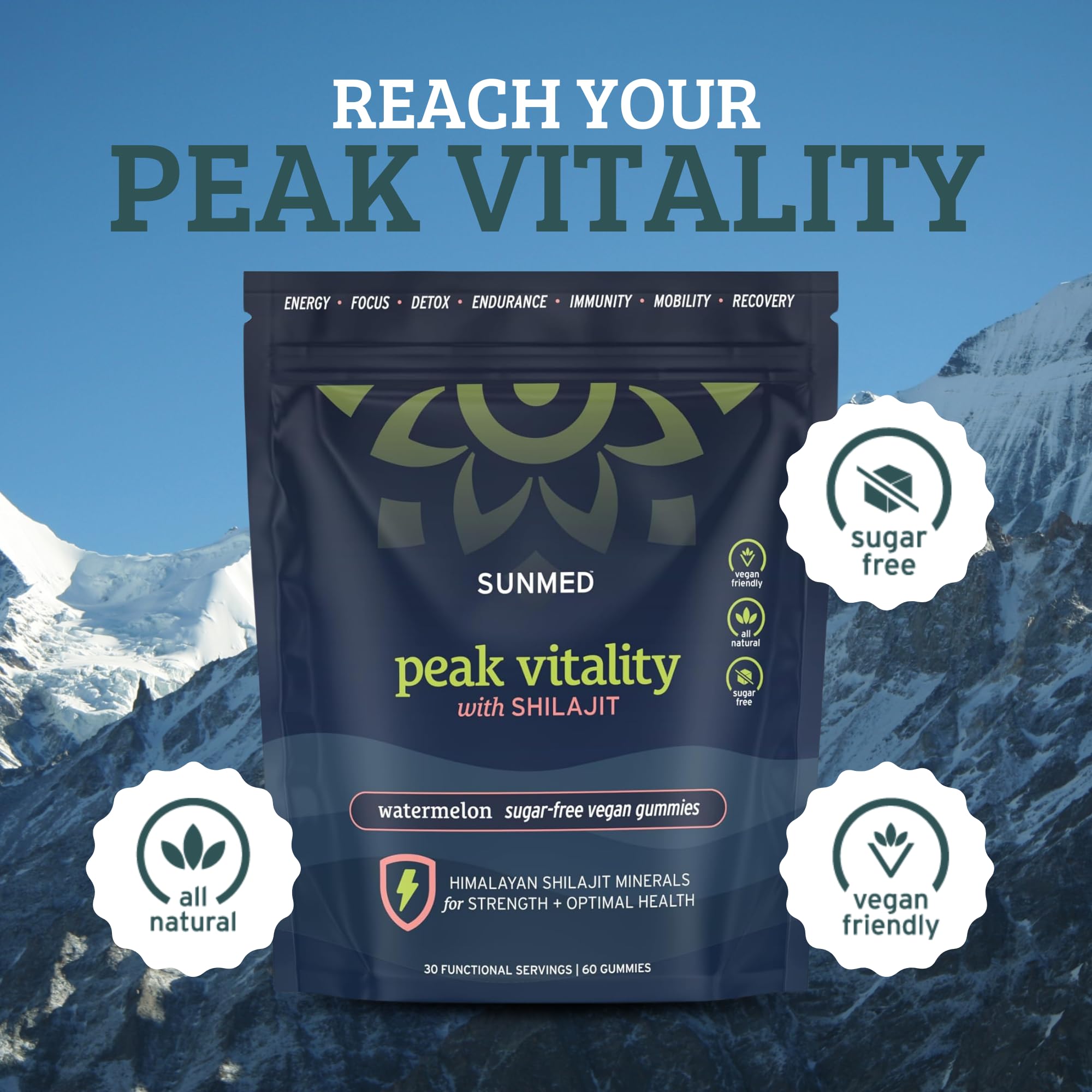 SUNMED shilajit gummies poured into a bowl, convenient daily energy support.