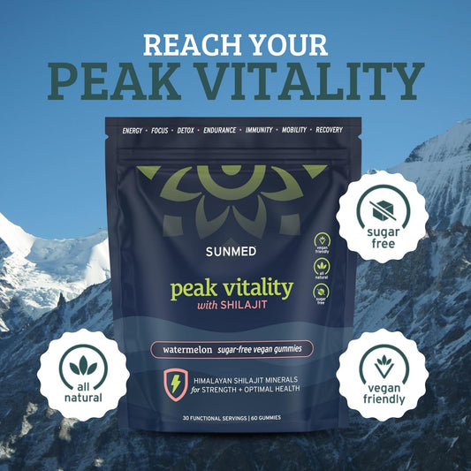 SUNMED shilajit gummies poured into a bowl, convenient daily energy support.