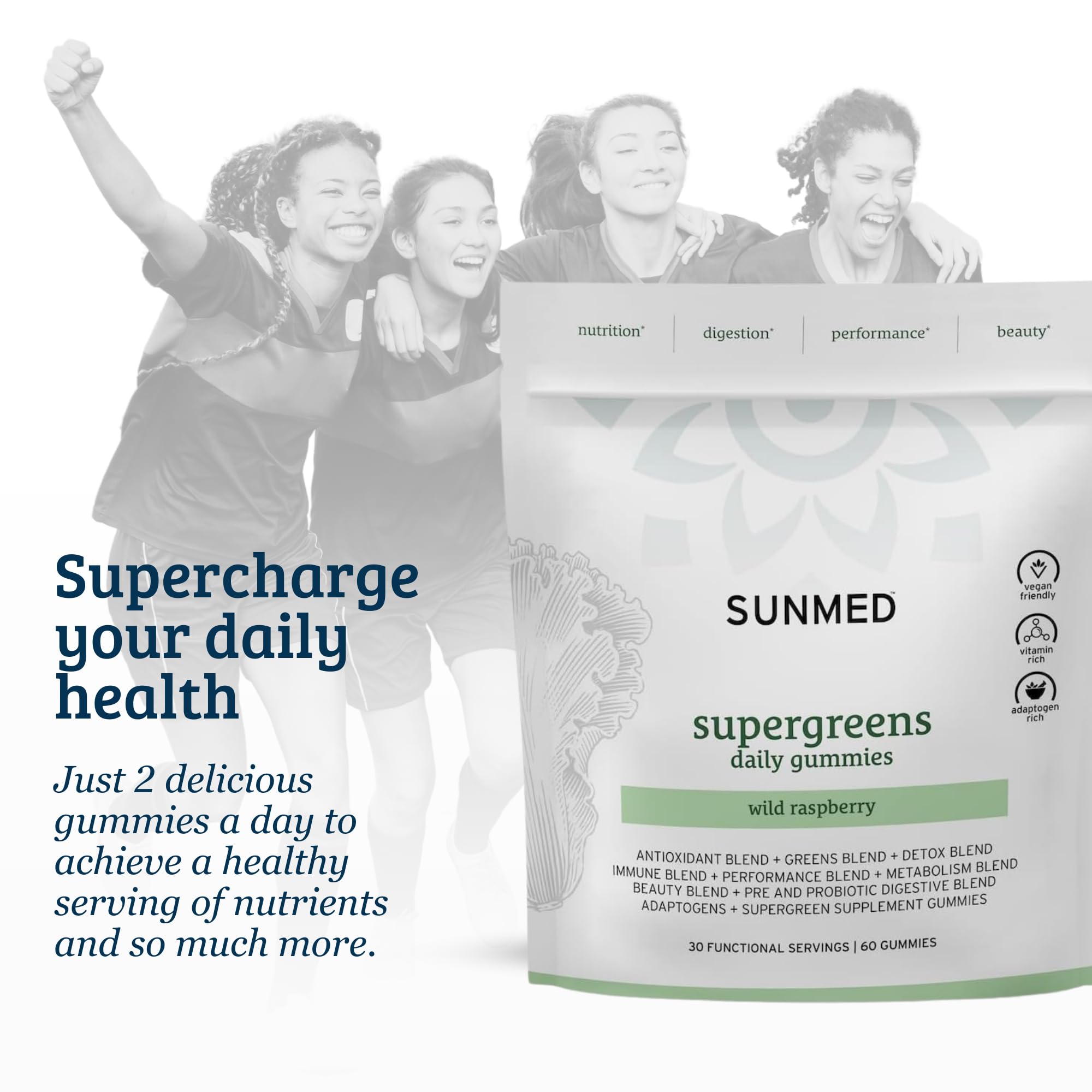 SUNMED Supergreens Daily Gummies Skin glow icon implies radiant skin benefits