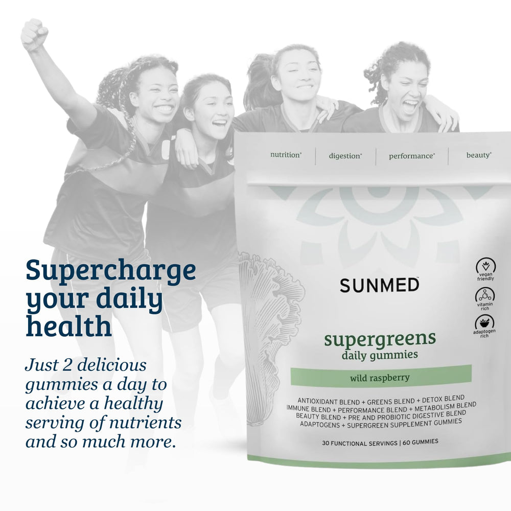 SUNMED Supergreens Daily Gummies Skin glow icon implies radiant skin benefits