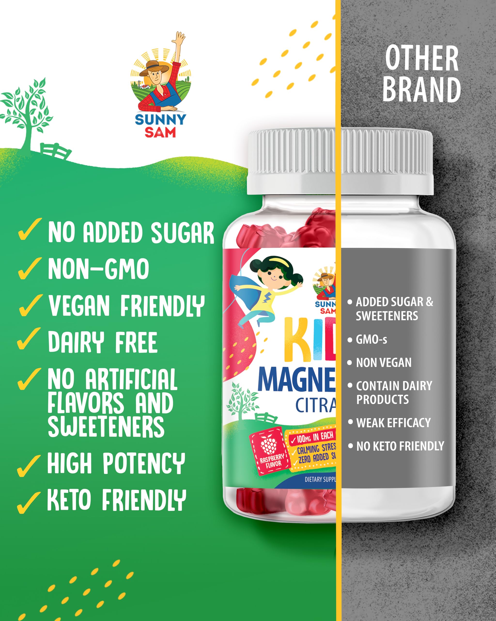 Sunny Sam bottle with label icons highlighting natural, non-GMO, gluten-free gummies