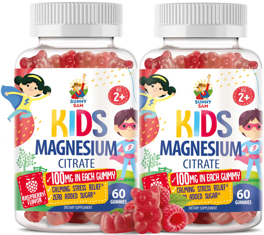 Sunny Sam Calm Magnesium Gummies bottle with raspberry flavor for bedtime relaxation