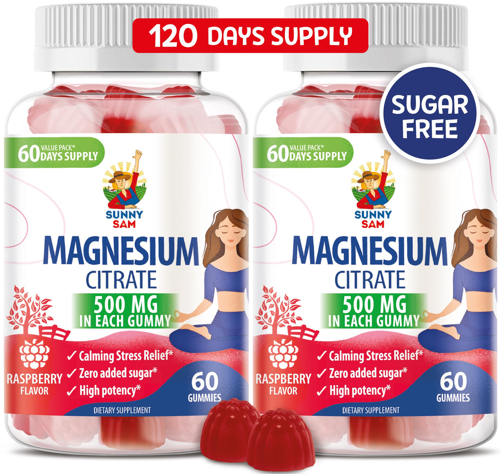 Sunny Sam Magnesium Gummies raspberry flavor, an easy daily calm option for mood and muscle support.