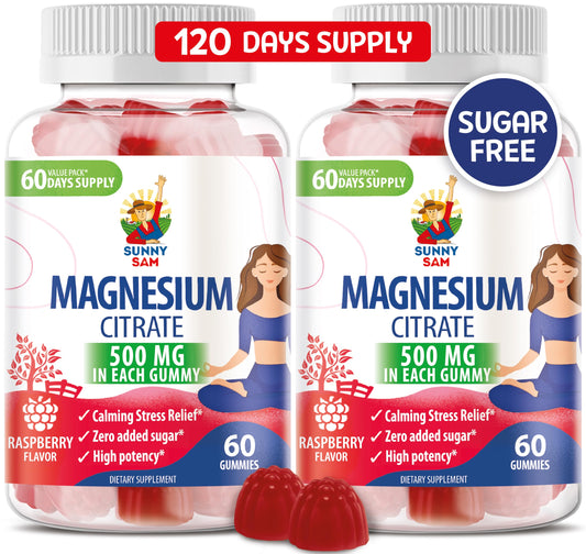 Sunny Sam Magnesium Gummies raspberry flavor, an easy daily calm option for mood and muscle support.