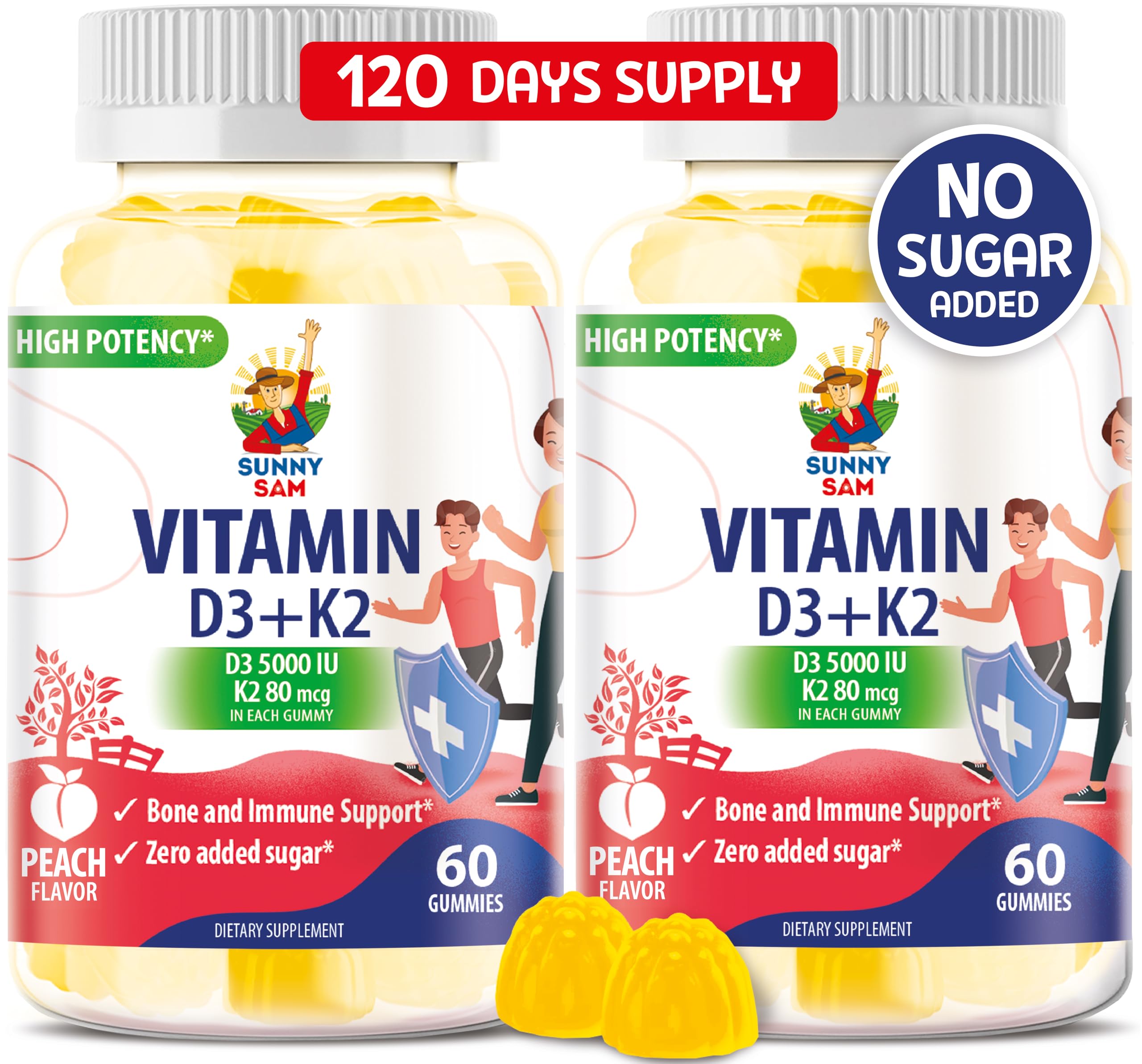 Sunny Sam sugar-free D3 K2 gummies bottle with peach flavor for daily wellness.