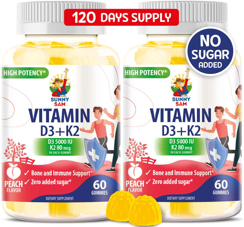Sunny Sam sugar-free D3 K2 gummies bottle with peach flavor for daily wellness.
