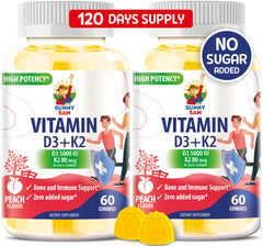 Sunny Sam sugar-free D3 K2 gummies bottle with peach flavor for daily wellness.