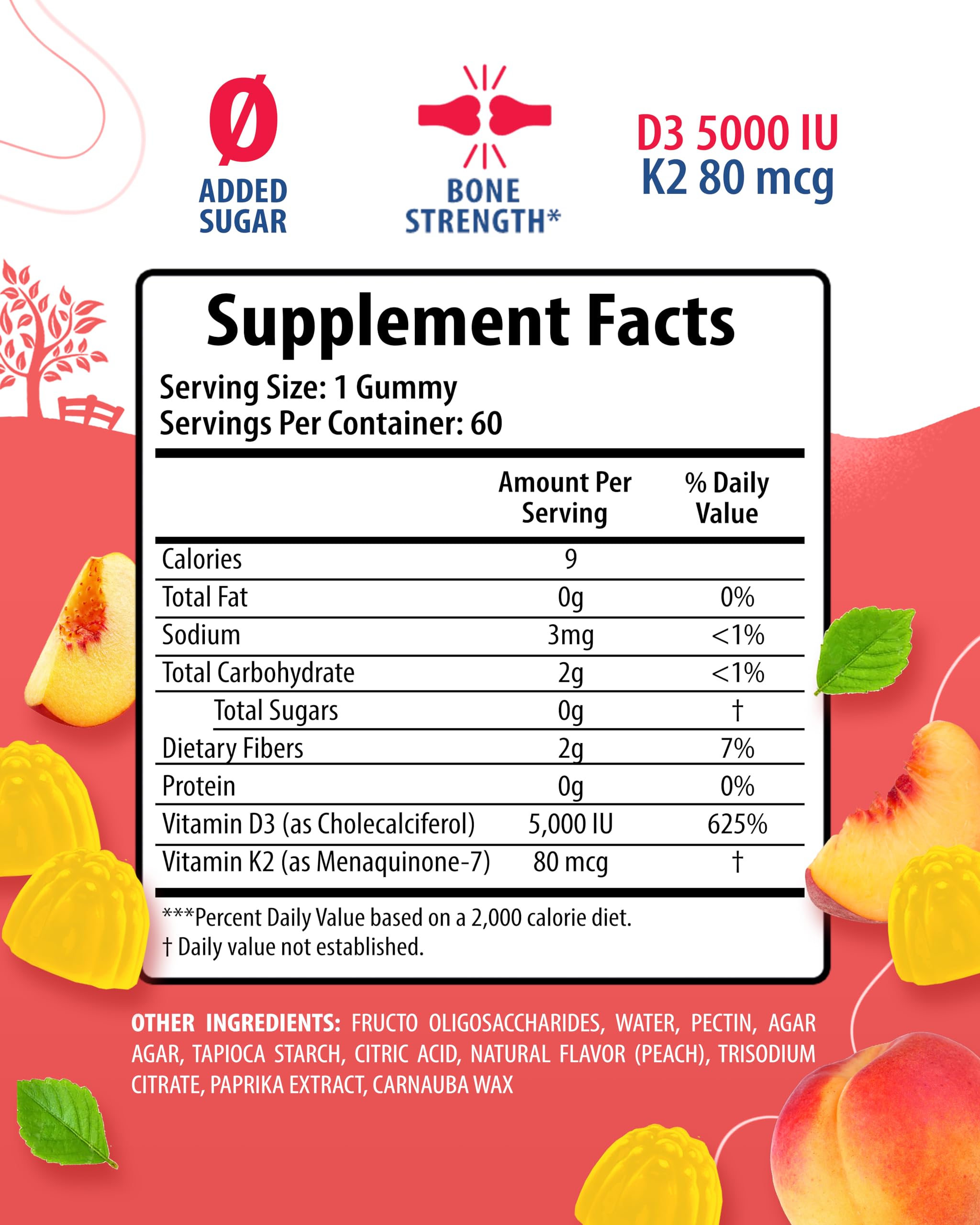 Sunny Sam D3 K2 gummies peach flavor close-up highlighting chewable format.
