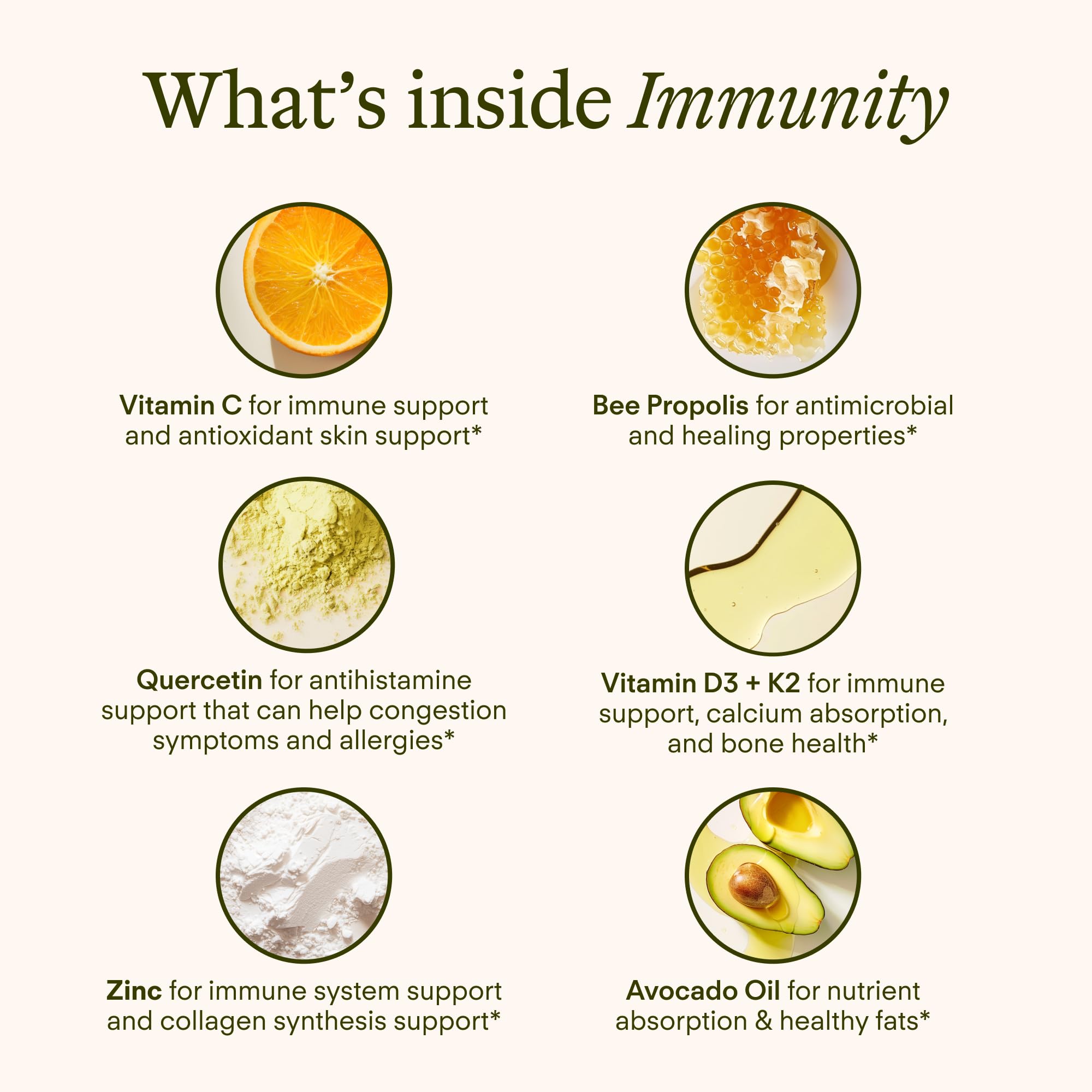 Sunny Within 6-in-1 formula with zinc, D3 K2, quercetin, propolis.