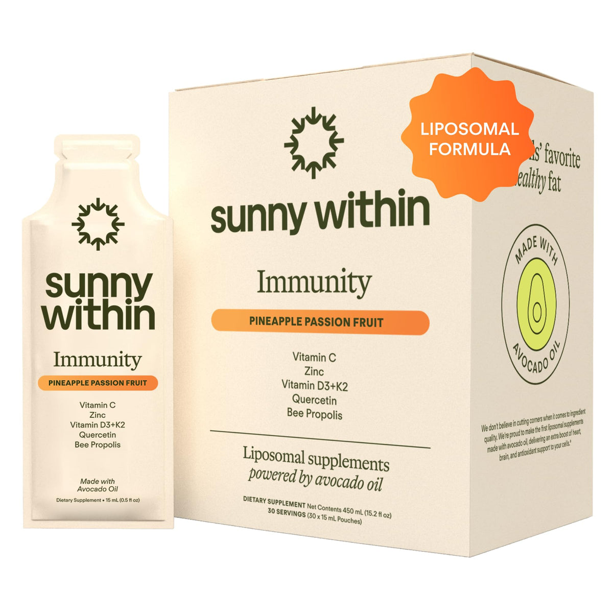 Sunny Within Immunity pineapple flavor sachet for easy daily immune support.