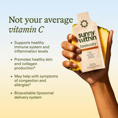 Sunny Within liposomal vitamin C sachet highlights enhanced absorption.