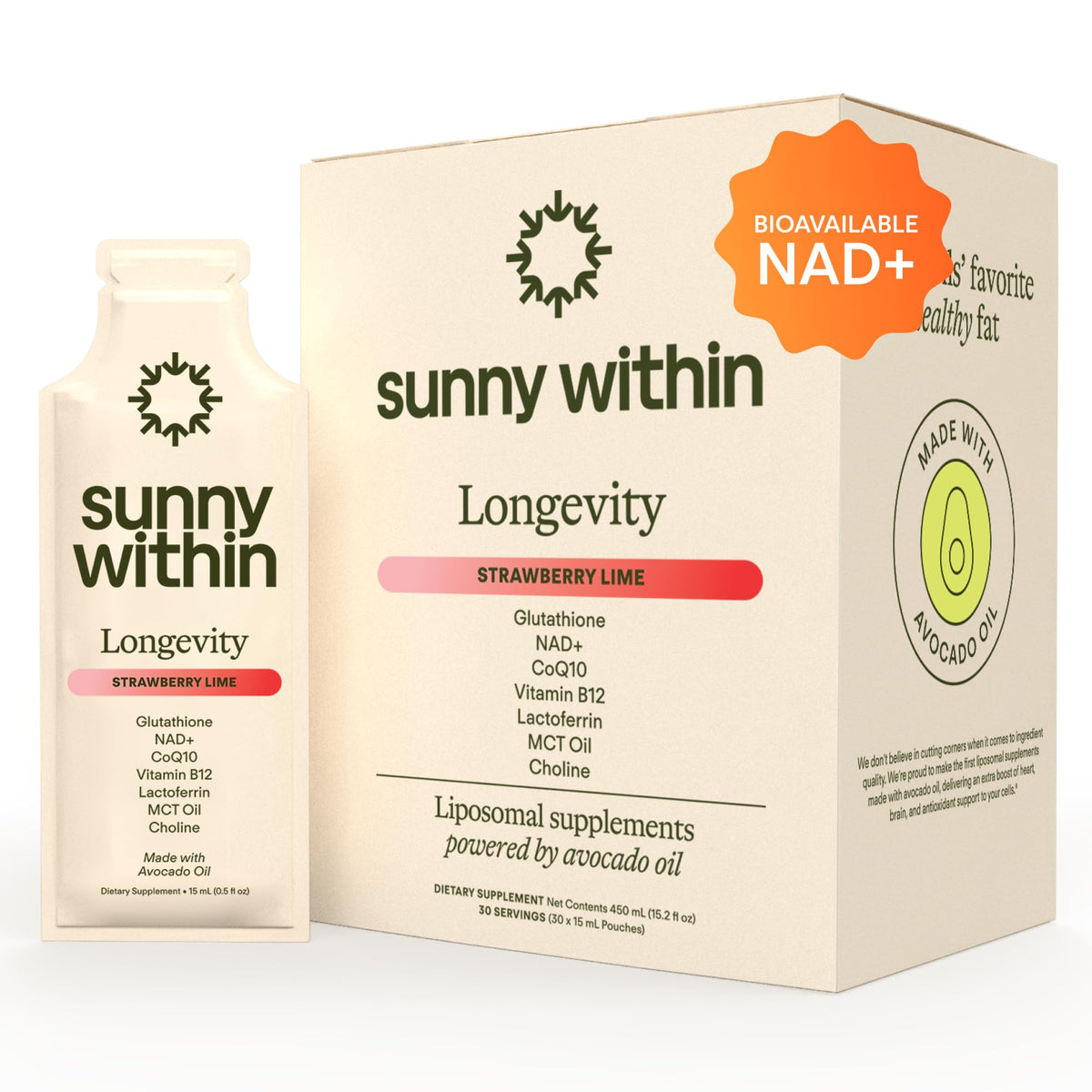 Sunny Within Longevity NAD bottle pour shows easy daily dose for cellular support