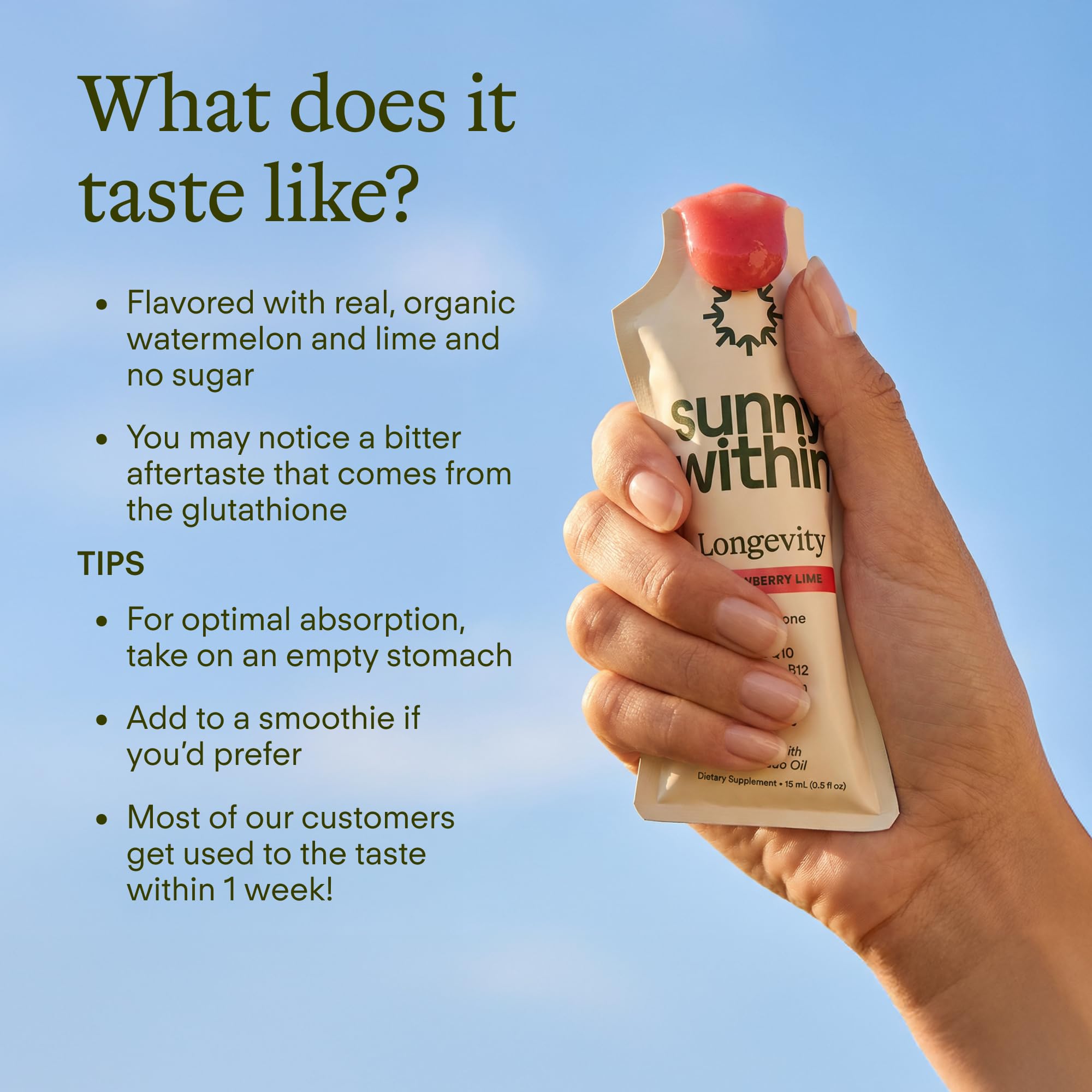 Sunny Within Longevity strawberry lime pouch for convenient daily use
