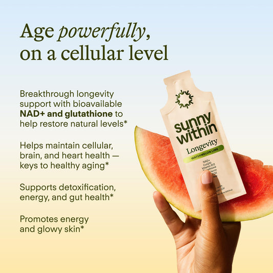 Sunny Within Longevity pouch back lists ingredients for better absorption and balance.