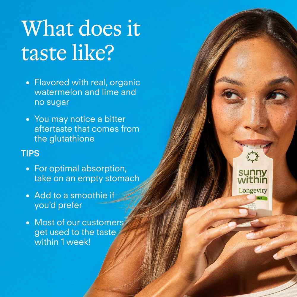 Sunny Within Longevity pouch closeup emphasizes avocado oil and healthy fats.