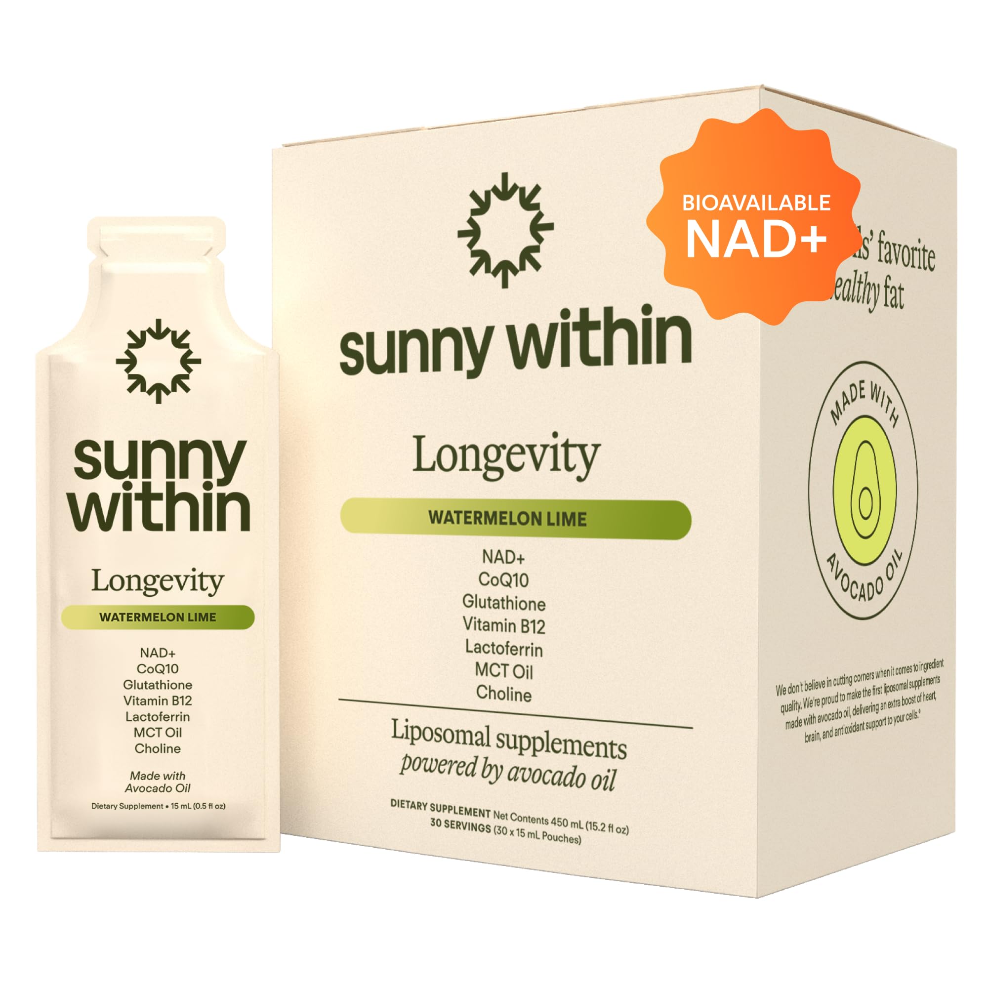Sunny Within Longevity pouch front displays watermelon-lime formula for daily cellular support.
