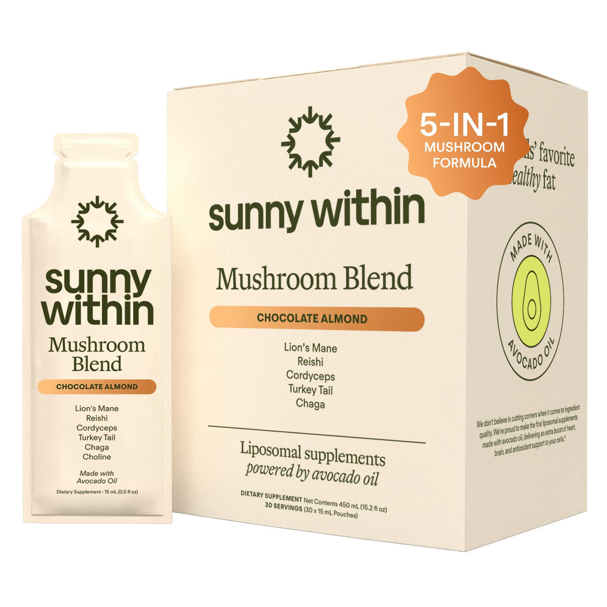 Sunny Within mushroom blend chocolate pouch for daily energy and focus.