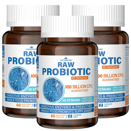 Sunshine & Rain Raw Probiotics bottle label shows 100B CFU for gut balance