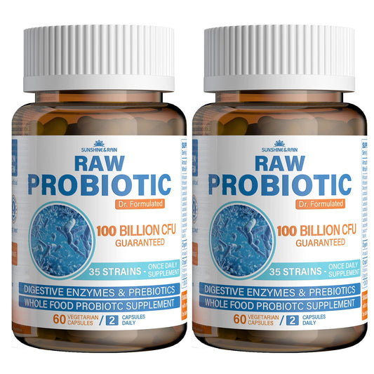 Sunshine & Rain Raw Probiotics bottle shows 100B CFU for daily gut balance.