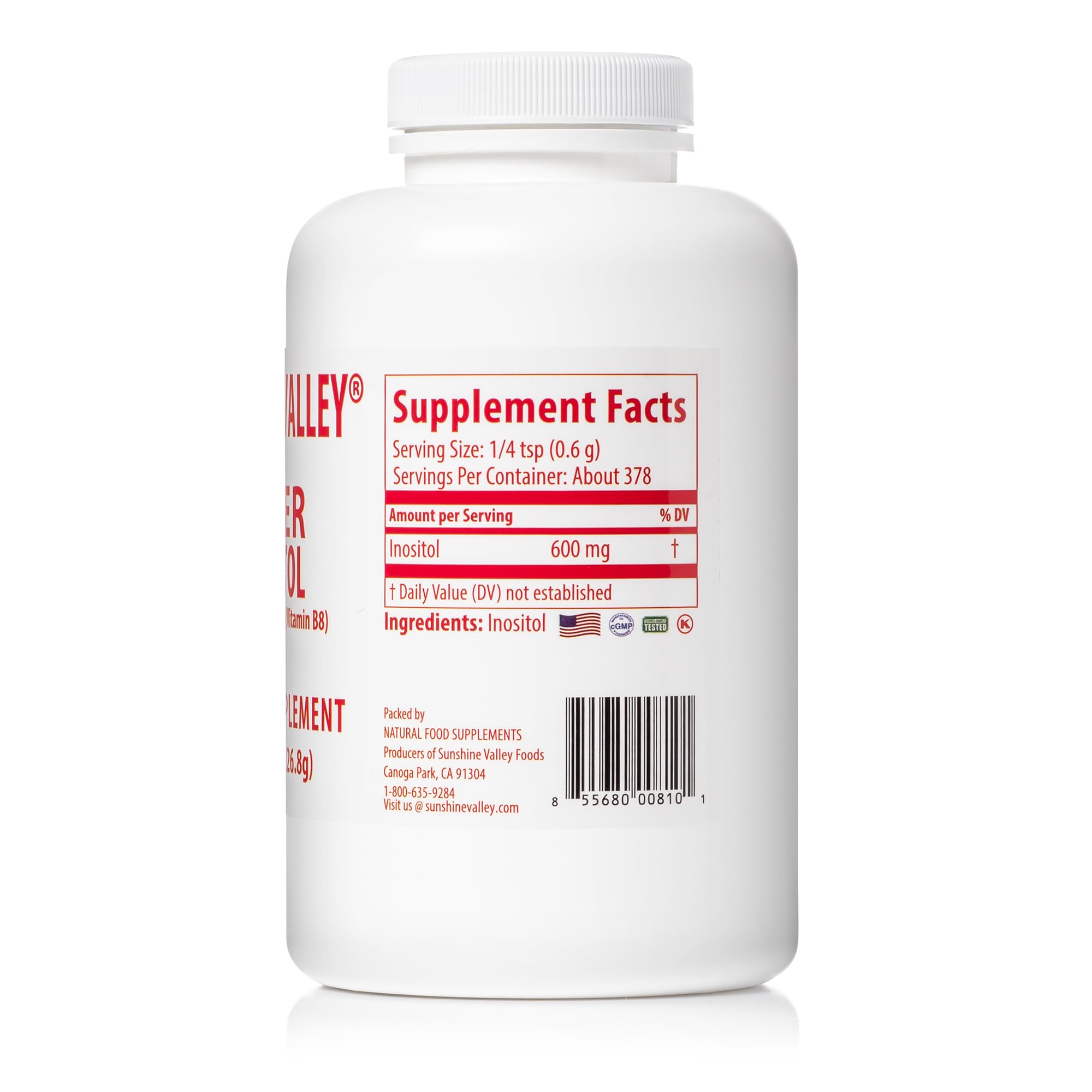 Sunshine Valley Inositol powder in glass water illustrates easy mixing without flavors for clean supplementation