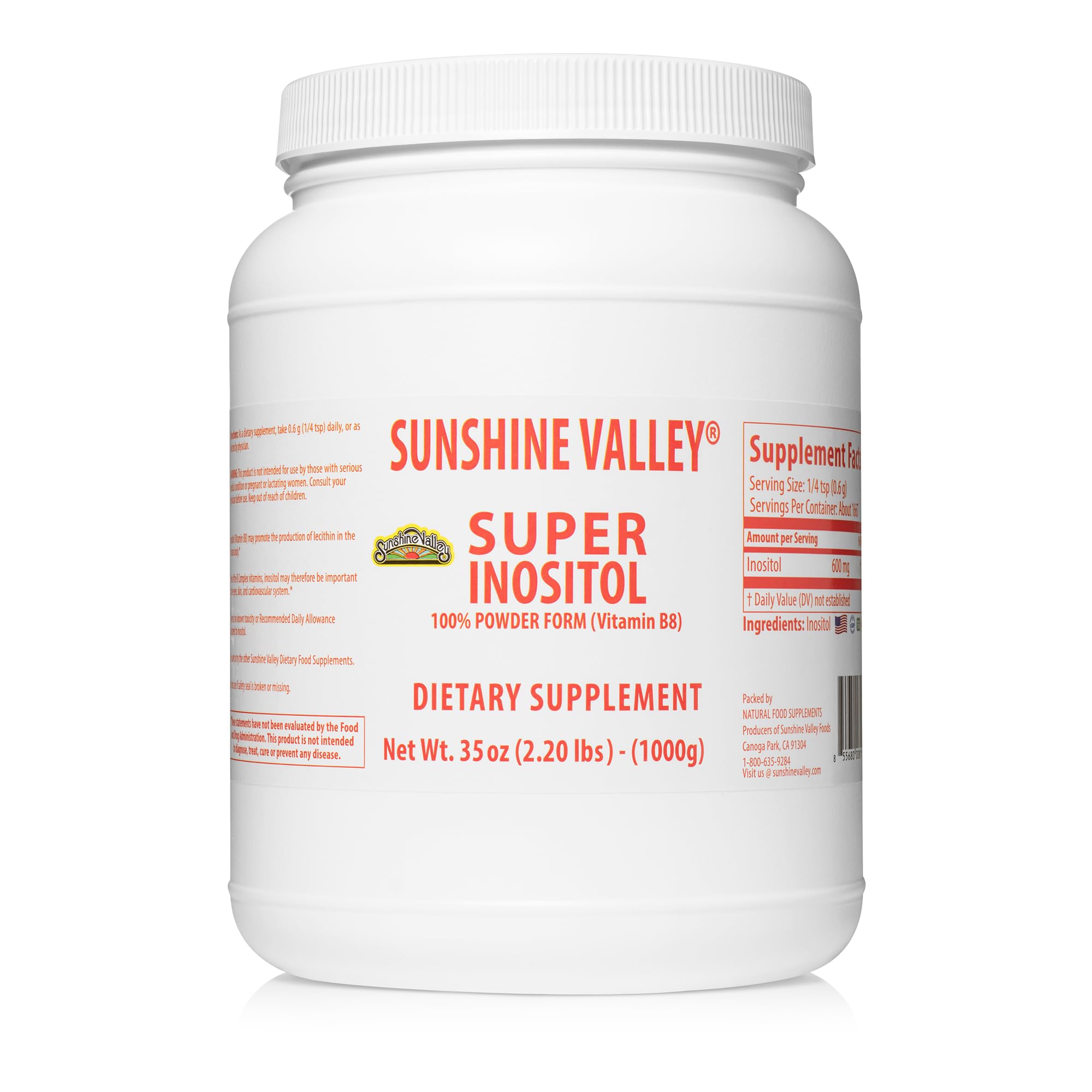 Sunshine Valley Super Inositol powder label close-up emphasizing purity.